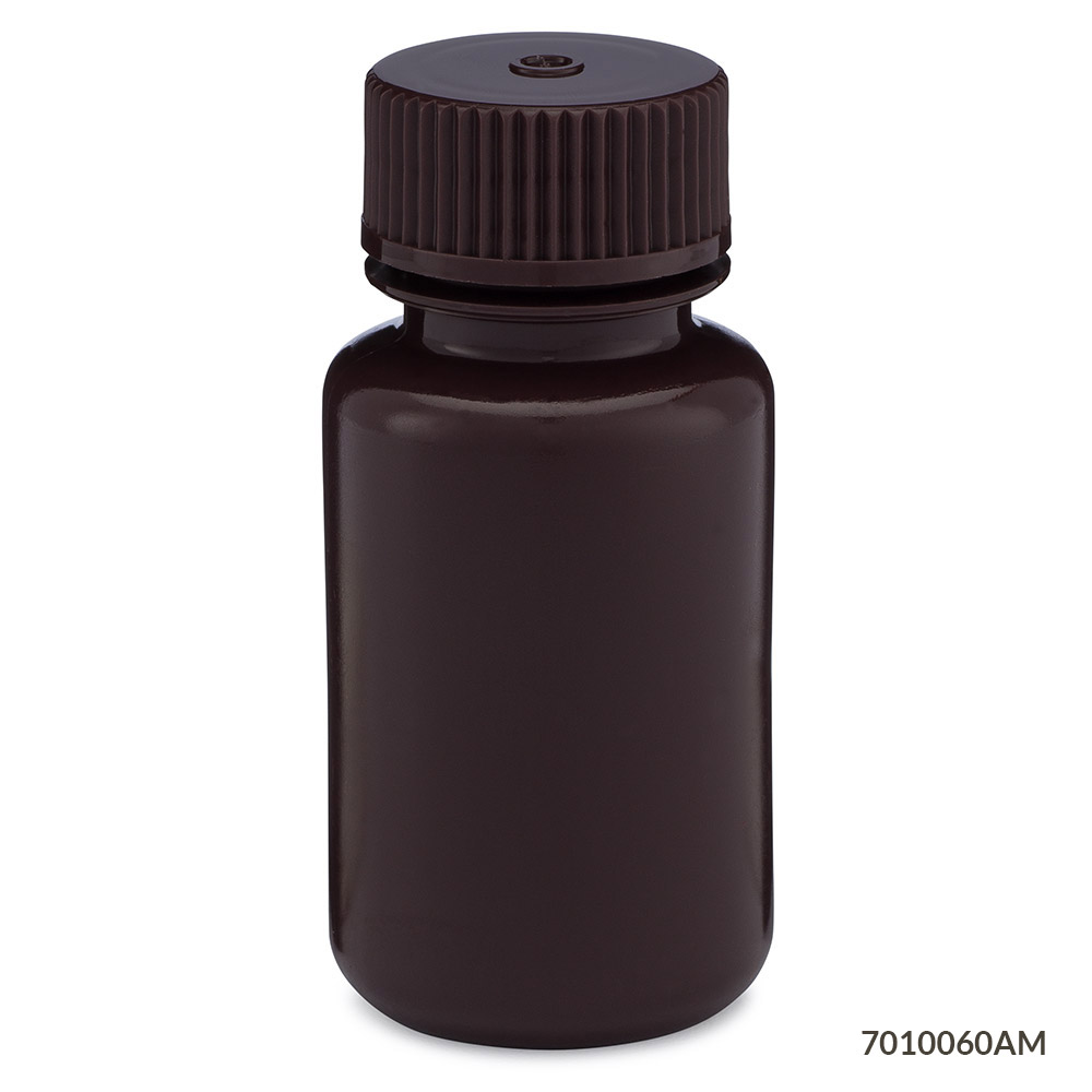 Globe Scientific Bottle, Wide Mouth, HDPE Bottle, Attached PP Screw Cap, Amber, 60mL, 12/Pack Image